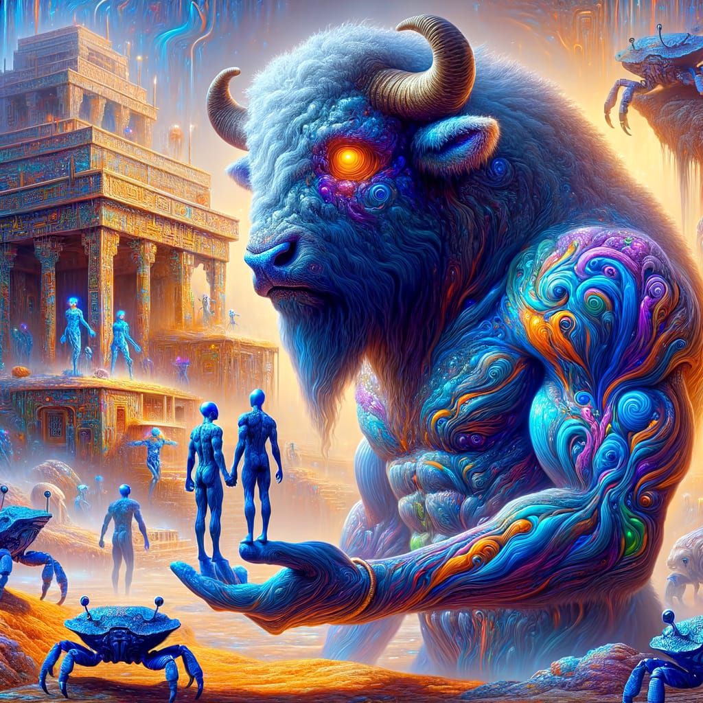 Anthropomorphic Bison with Aliens and Robots
