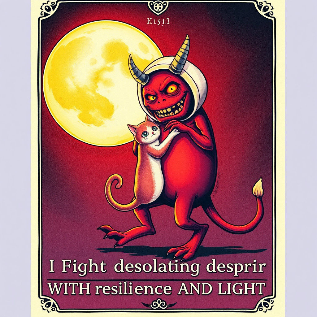 Vintage Cartoon Monster Moon Dance in Risograph Style