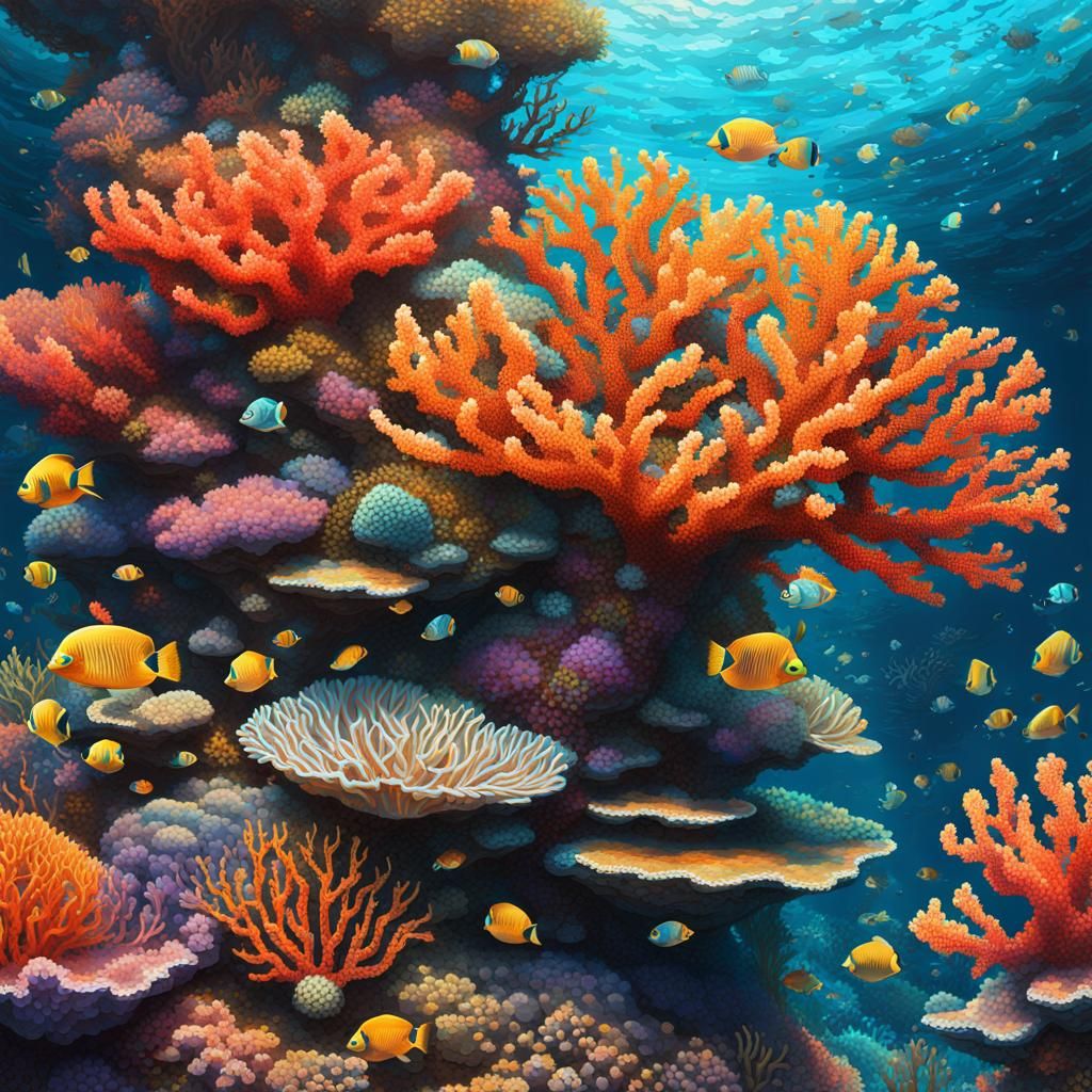 Mosaic Pixelated Coral Reef: Hyperrealistic Splash Art