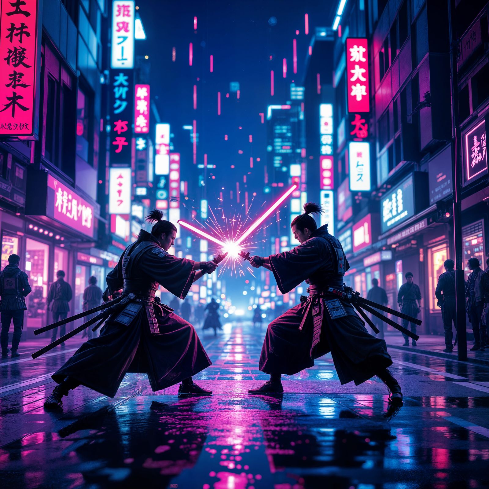 Futuristic Samurai Duel in Neon Tokyo, Cinematic Showdown