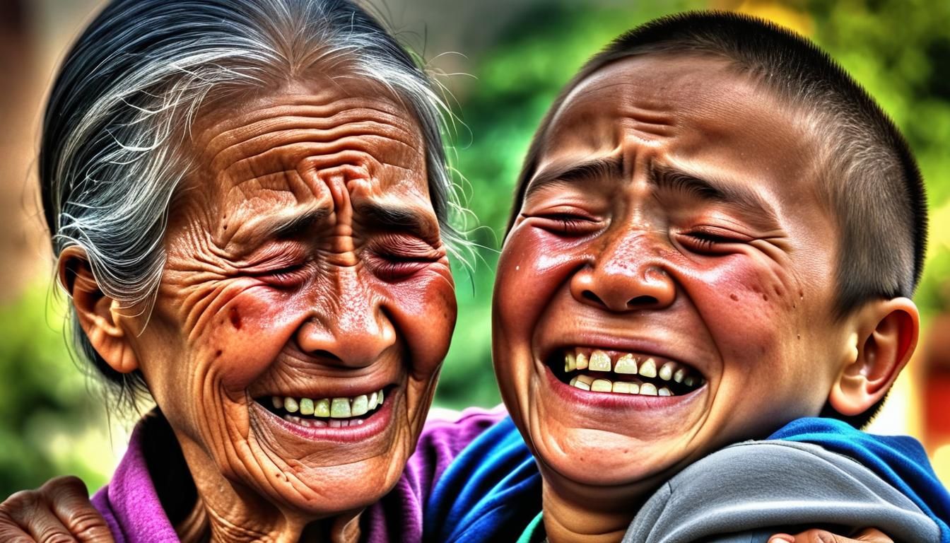 Elder Woman Comforts Crying Nephew: Hyperrealistic Image