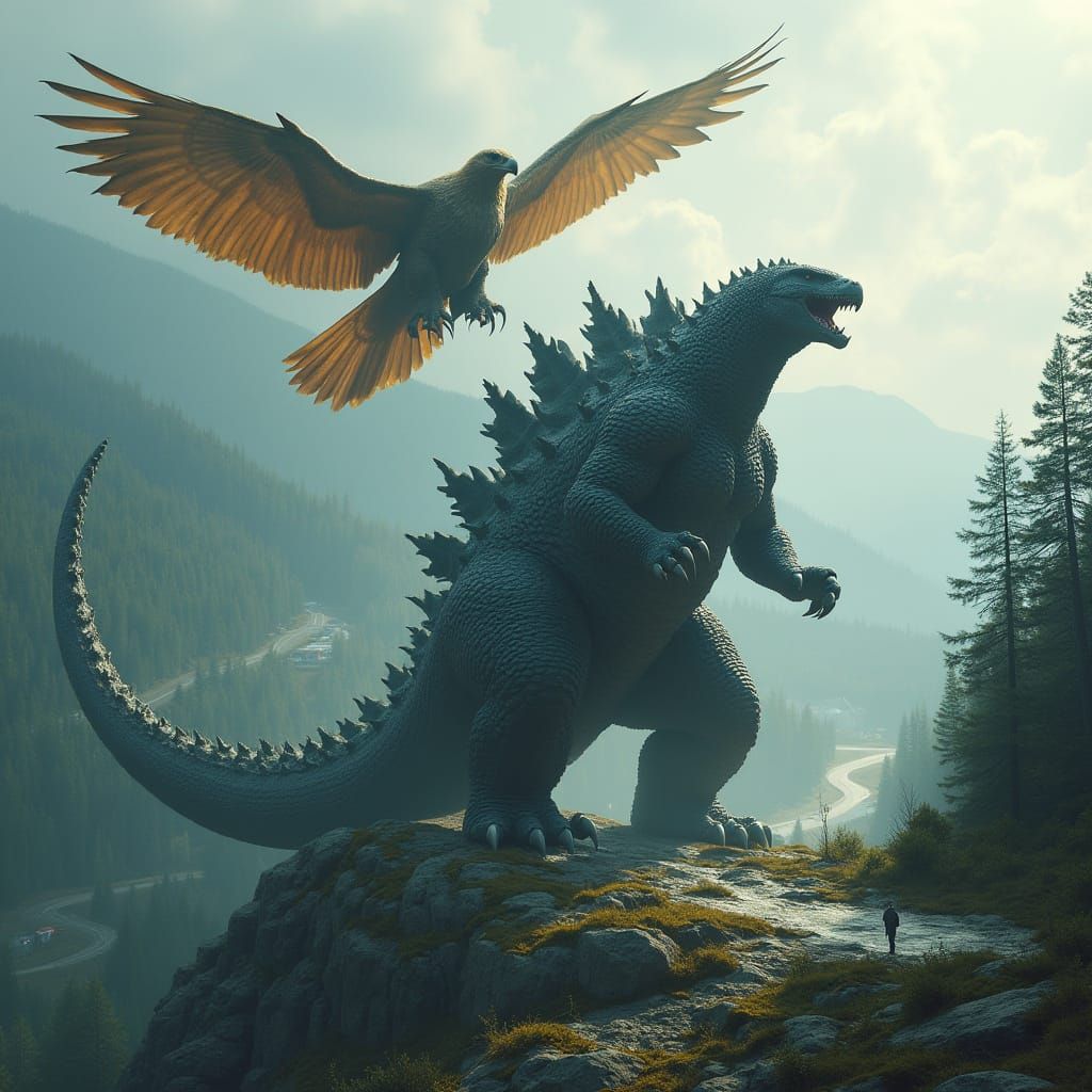 Godzilla Stands Tall Amidst Pine Forest and Quaint Town
