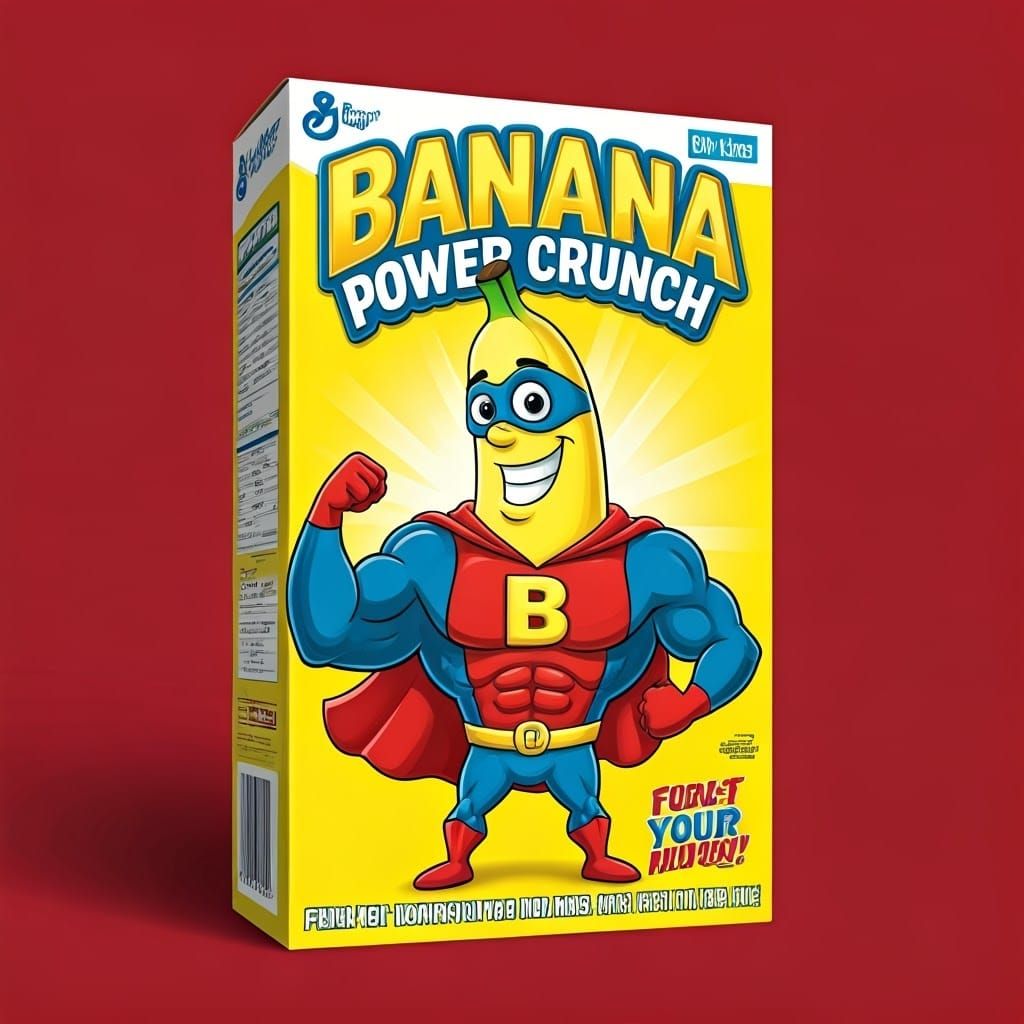 Banana Superhero Cereal Box: Cartoon Mascot