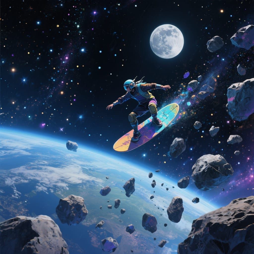 Space Surfer Rides Asteroids in Starry Night Sky