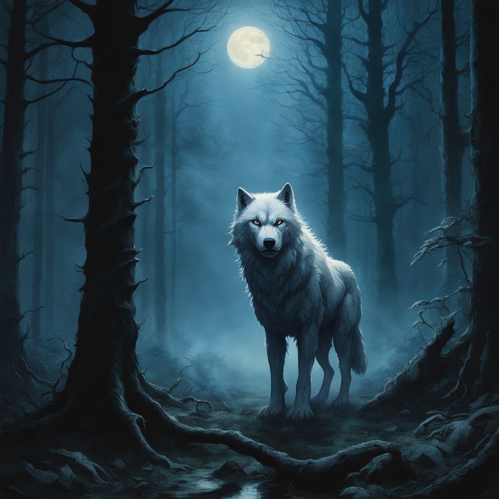 Majestic White Wolf Stalks Moonlit Forest