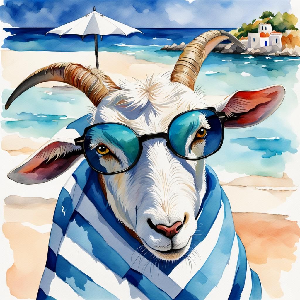 Goat on a Greek Beach in Watercolor