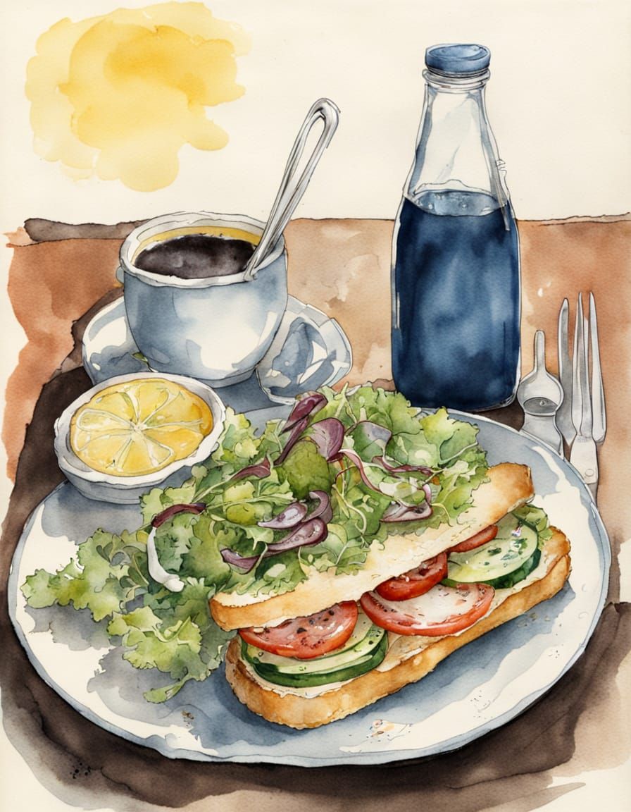 Whimsical Watercolor Lunch Scene