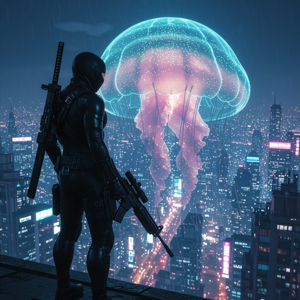 Cyberpunk Ninja Perched on Bioluminescent Jellyfish