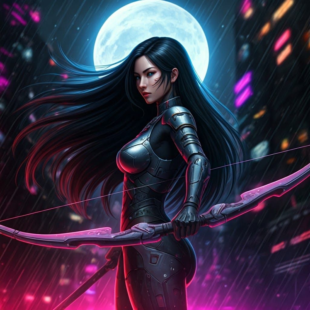Cyberpunk Street Samurai with Compound Bow in Neon City