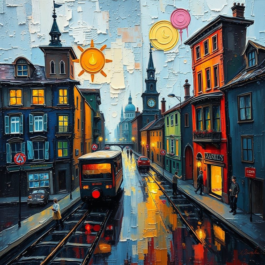 Impasto Neo-Impressionist Oil Painting of a Steampunk Street...