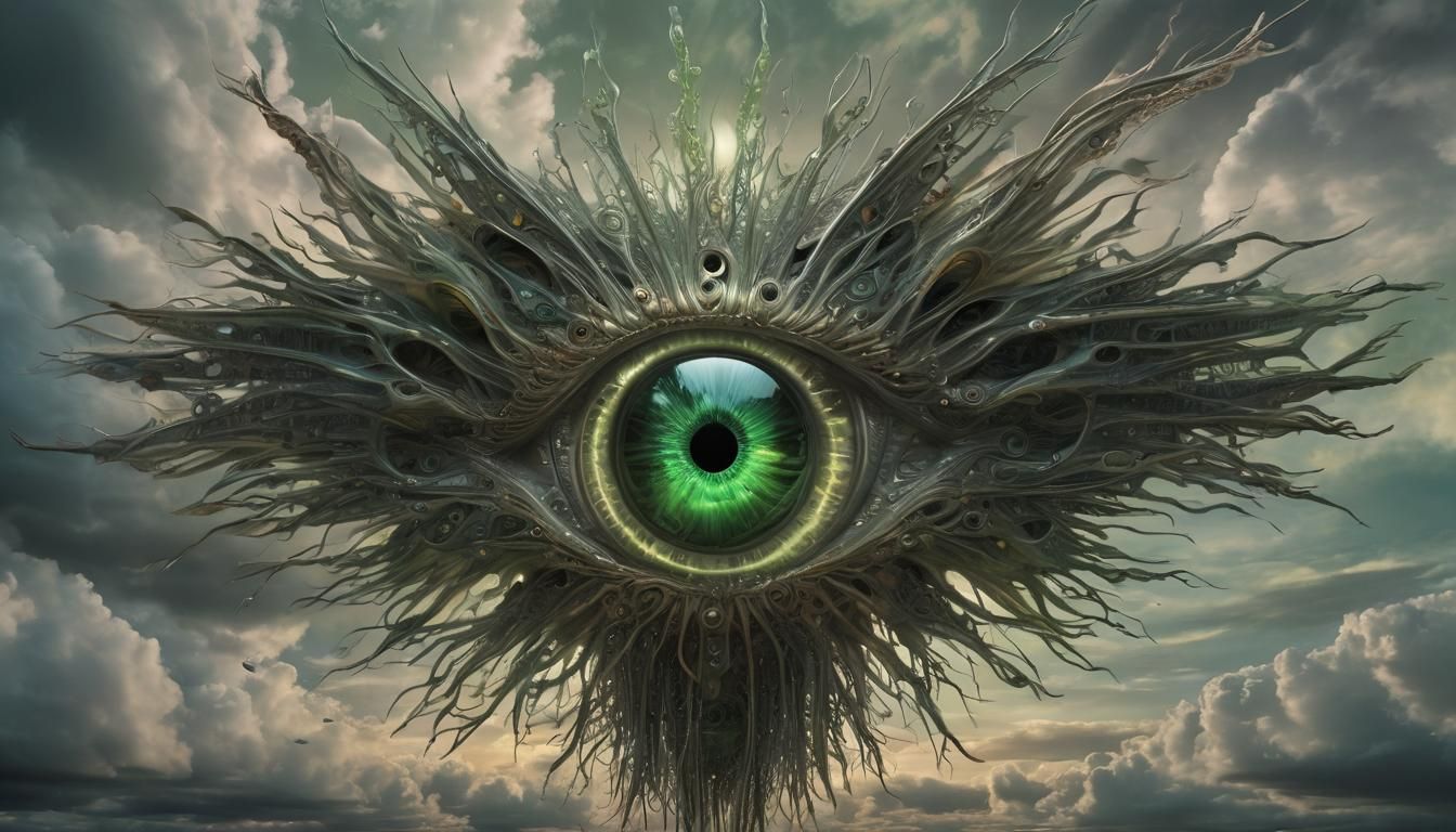 Surreal Biomechanical Lifeform Flying Through Greeneye Cloud...