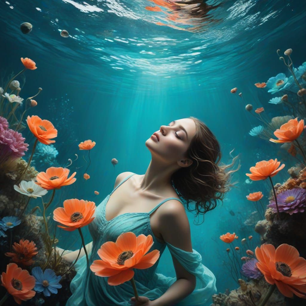 Weightless Dreamer Underwater in Turquoise Hues as Impasto P...