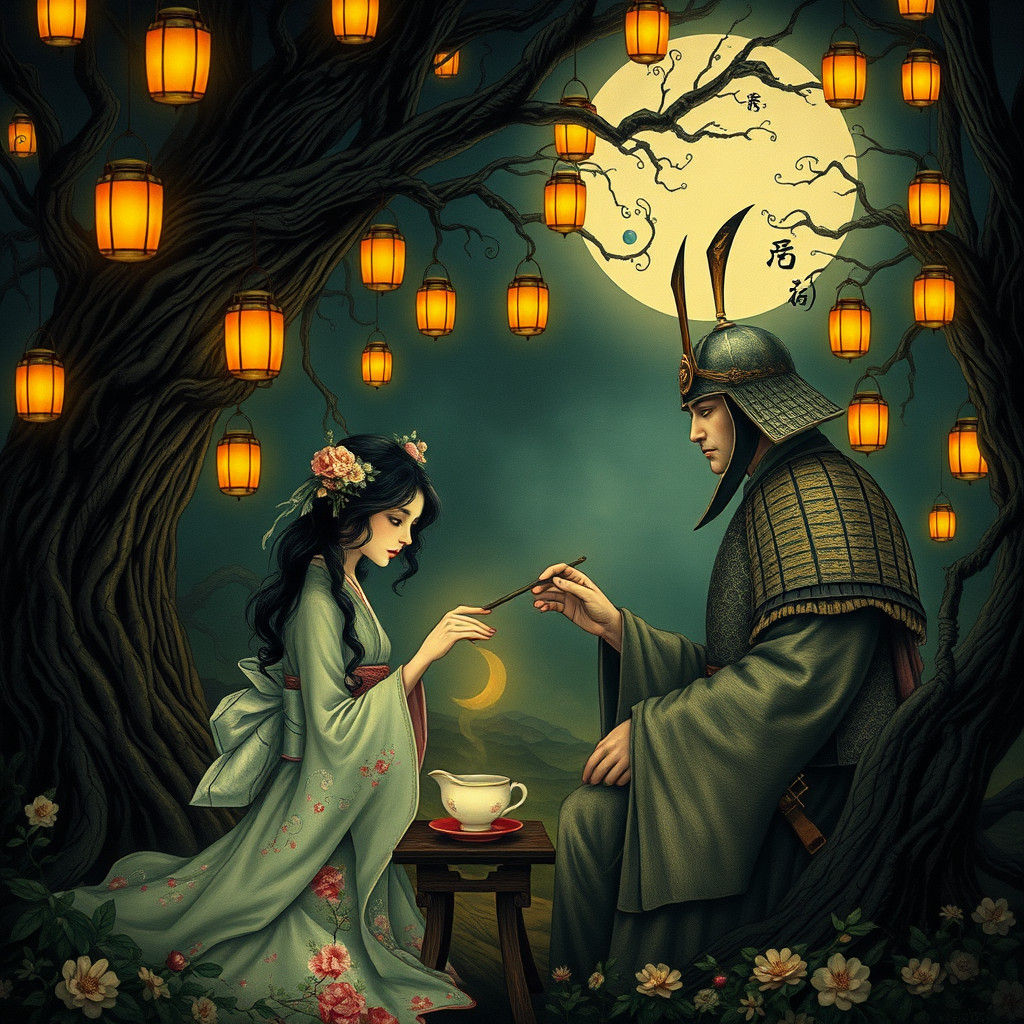 Mystical Geisha Tea Ceremony in Moonlit Forest