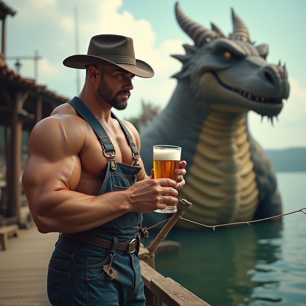 Muscular Plumber Fishing with Dragon, Vivid Portrait