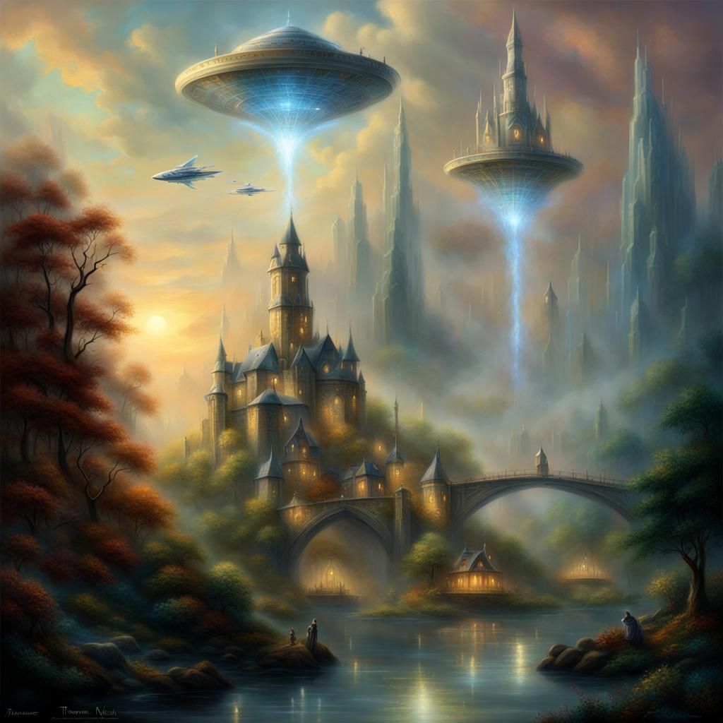 Medieval Sci-Fi Fusion with Spaceships in Ethereal Style