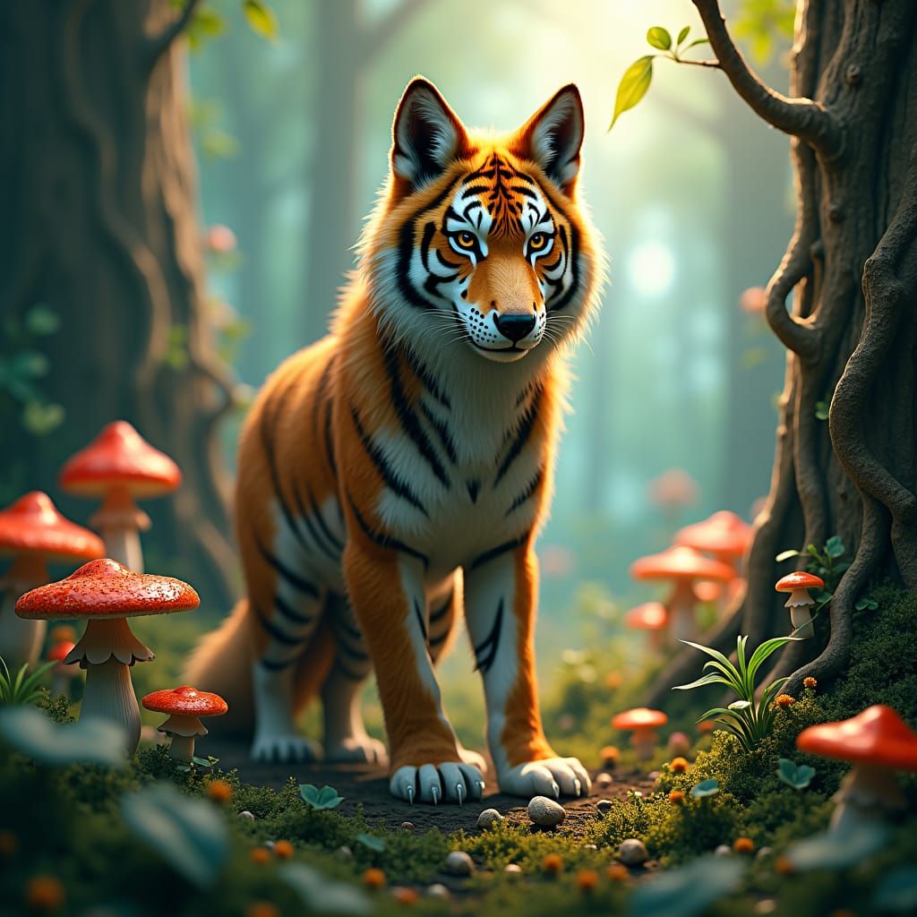Mystical Tiger-Wolf Hybrid in Enchanted Forest