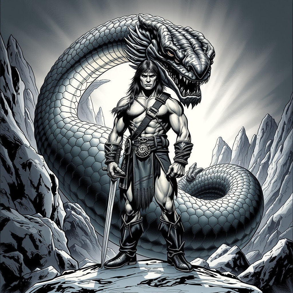 Conan the Barbarian and Serpent in a Gothic Comic Style