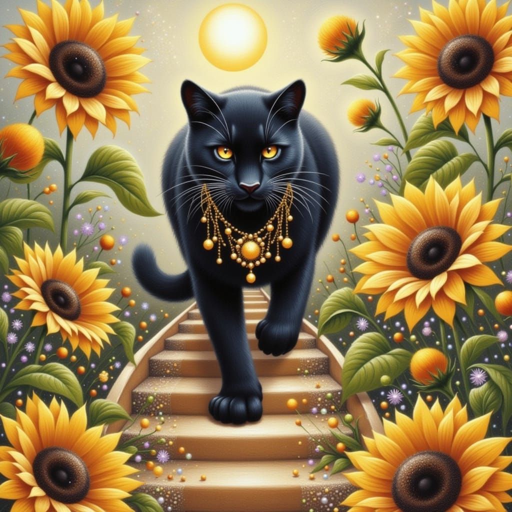 Black Panther on Sunflower Stairs in Impressionist Style