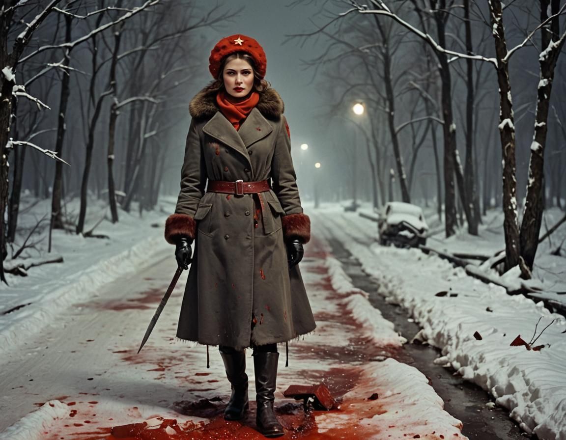 Woman in Ushanka Hat on Bloody Winter Night