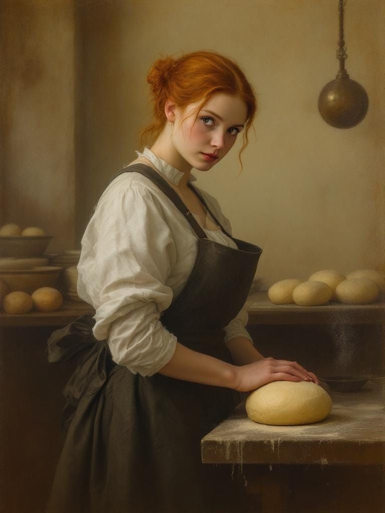 Redhead Baker Kneading Dough in Warm, Luminous Kitchen