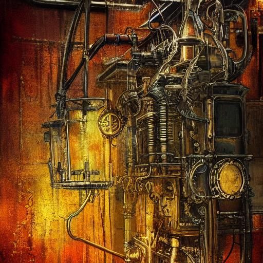 Steampunk Engine Illustration with Ink Splatter Art