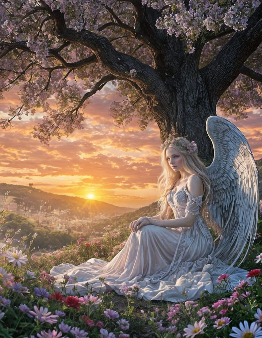 Ethereal Angel in Floral Setting at Sunset