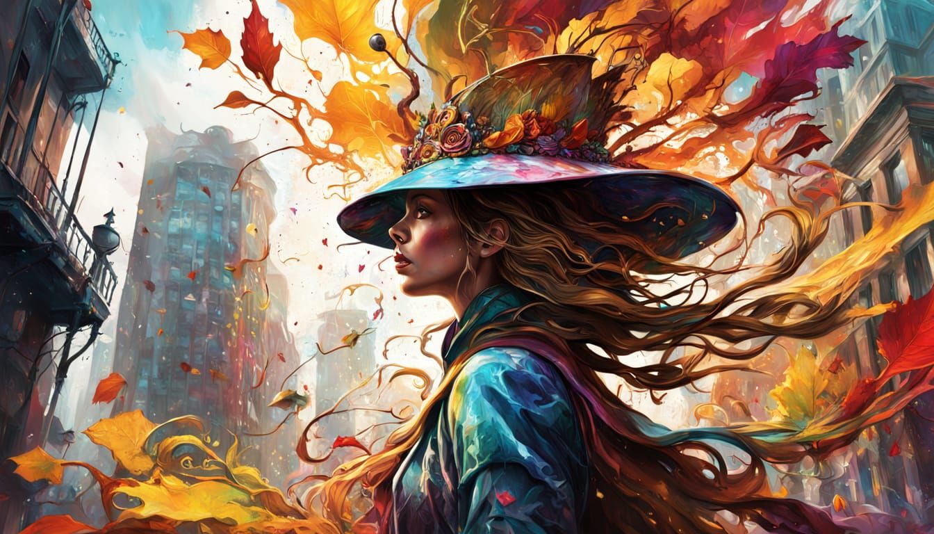Whimsical Queen in Autumn Leaf Hat Over Fantasy City