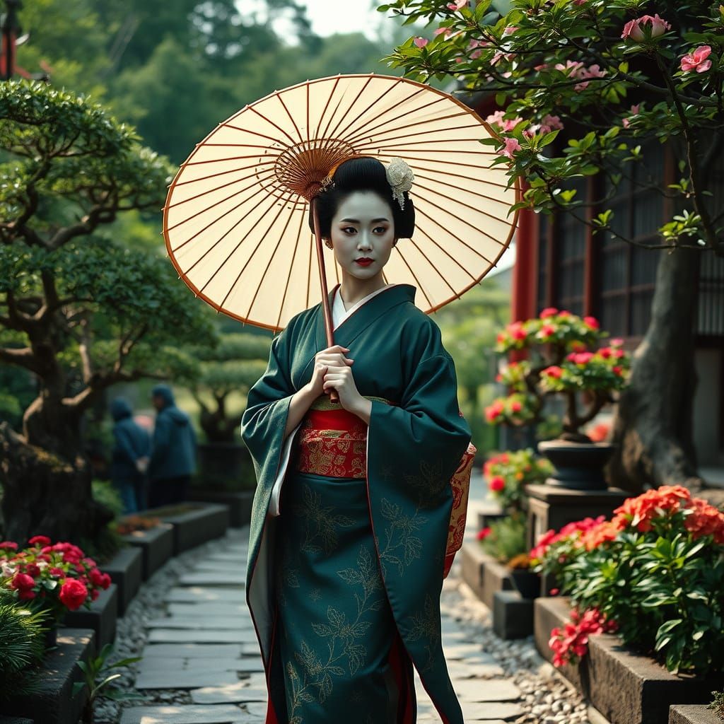 Elegant Geisha Strolls through Japanese Summer Garden