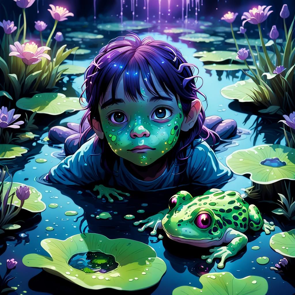 Child Submerged in Bioluminescent Frog Pond: Ethereal Concep...