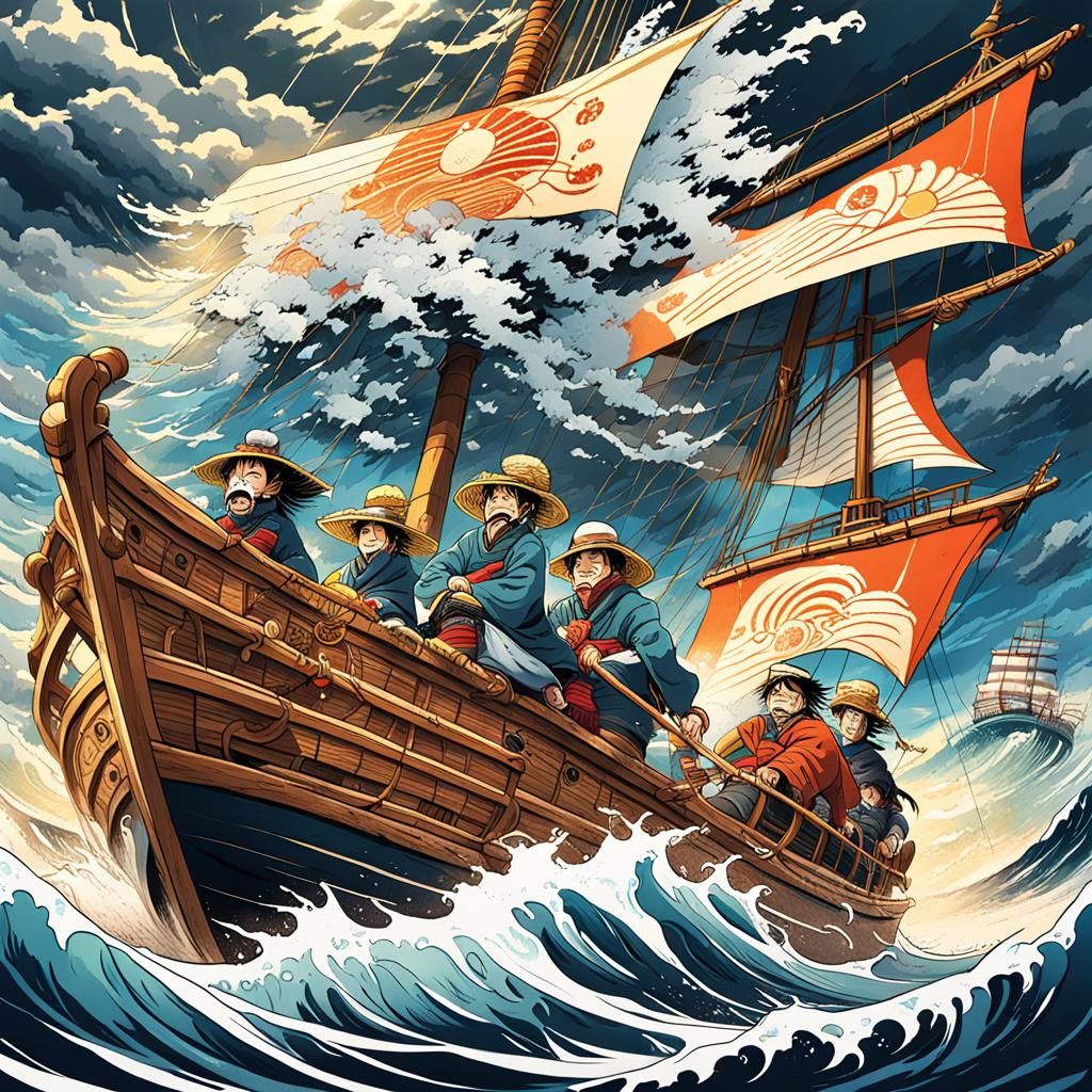 Straw Hat Crew Sailing Stormy Seas in Anime Style