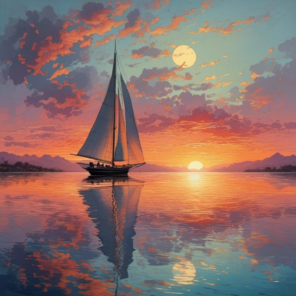 Sailboat Silhouetted at Tranquil Sunset