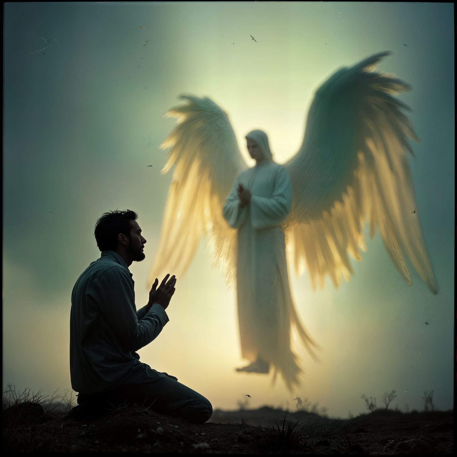 Man Kneeling in Prayer Watched by Guardian Angel