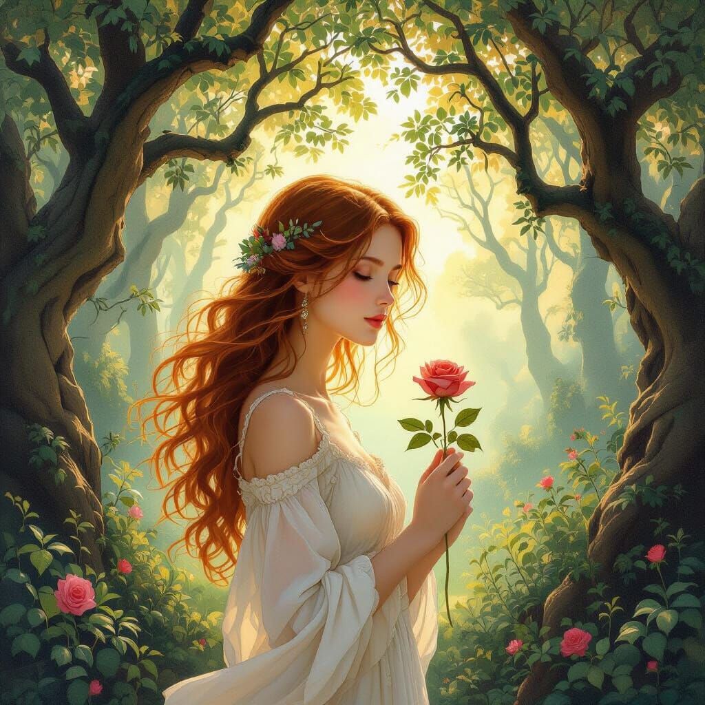 Enchanted Forest Scene: Woman with Rose in Golden Light