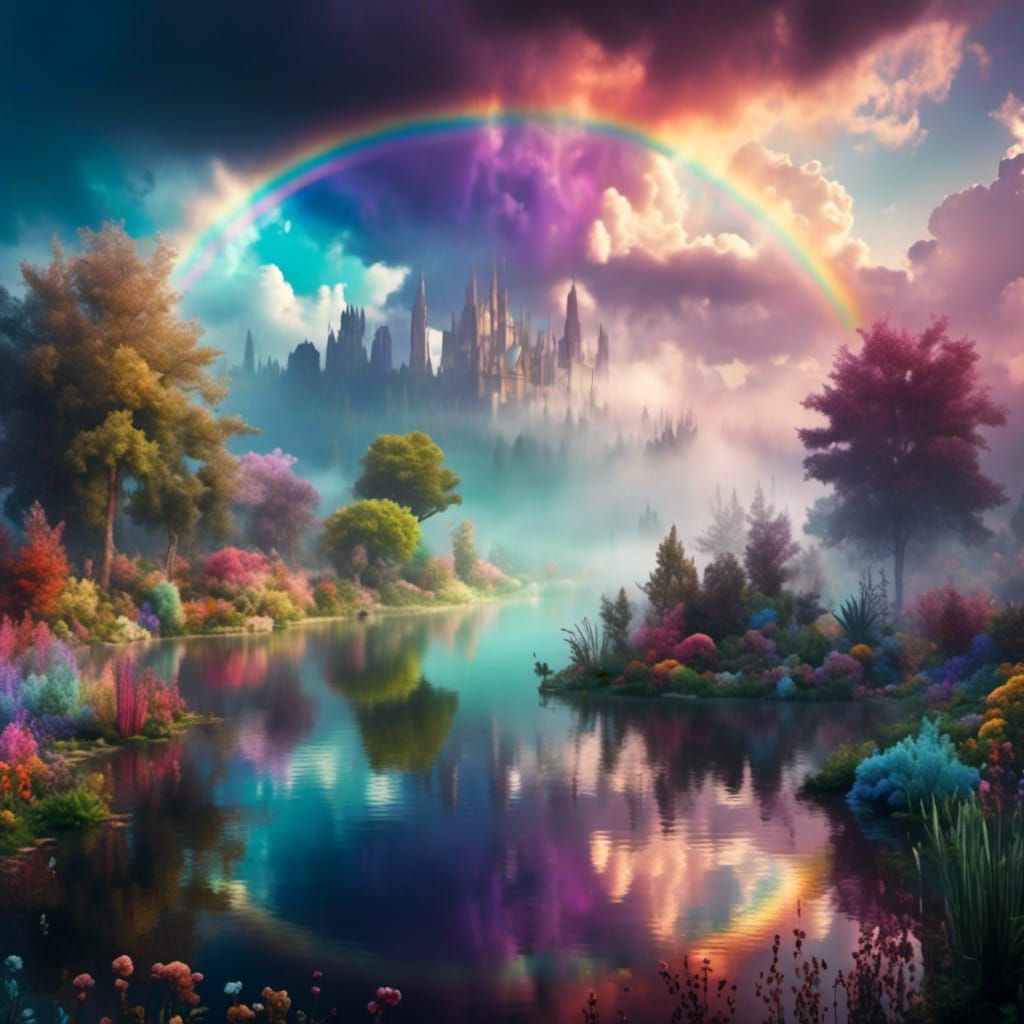 Dreamy Fantasy Garden with Rainbow Light