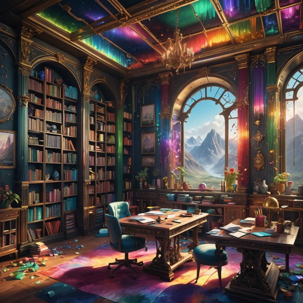 Rainbow Tourmaline Study Room: Detailed Matte Painting