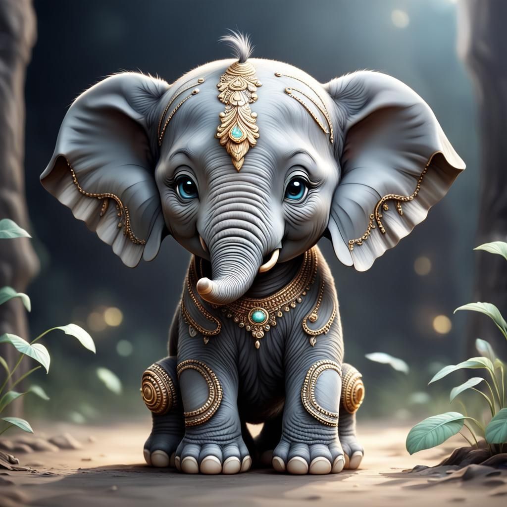 Cute Chibi Elephant Cub: Hyperdetailed Digital Art