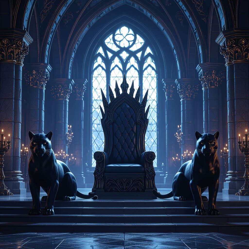 Majestic Throne with Panther Statues in Grand Castle Hall