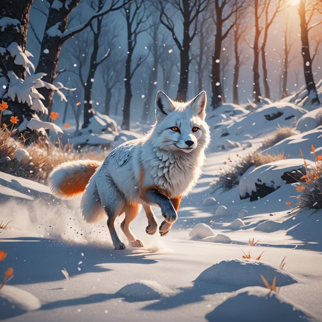 White Fox and Bunny Chase in Arctic Snow