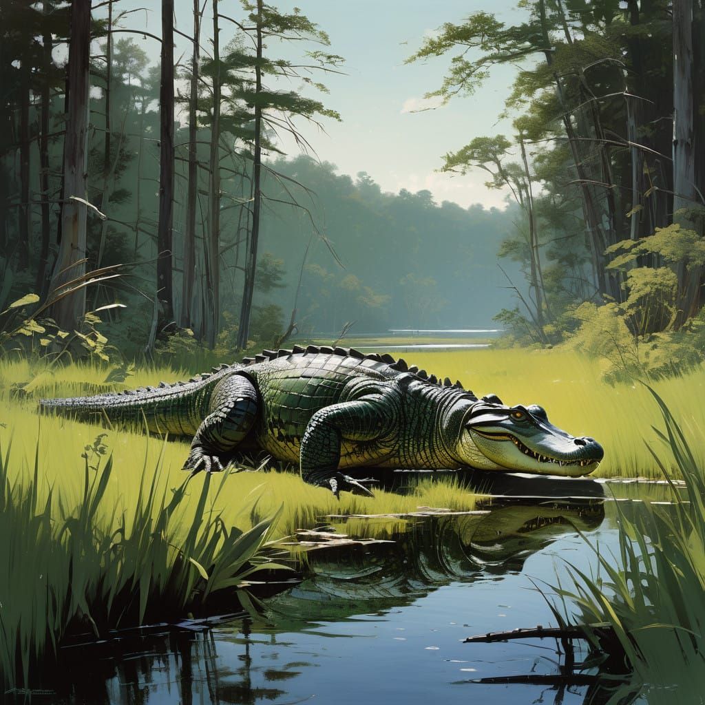 Majestic Alligator Descends Emerald Slope to Murky Swamp
