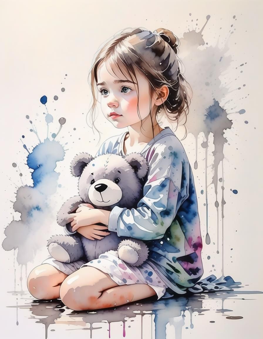 Sad Girl with Teddy Bear: Watercolour Storybook Art