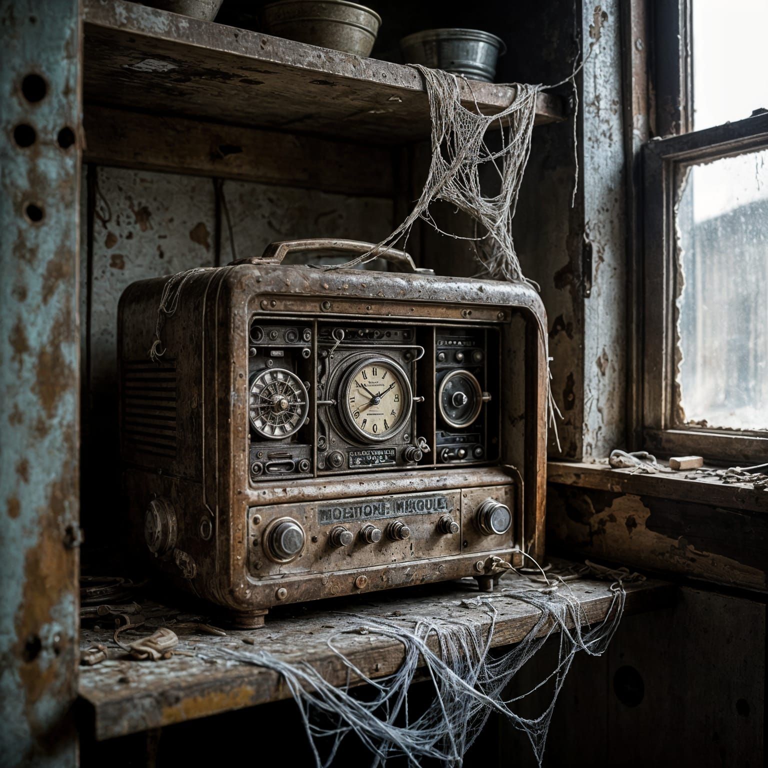 Vintage Radio in Abandoned Workshop, Gritty Photography Styl...