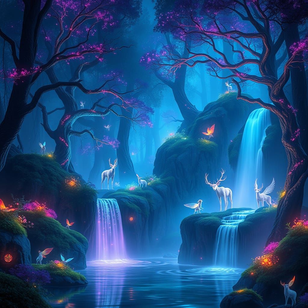 Surreal Forest Illuminated by Radiant Trees and Mystical Cre...