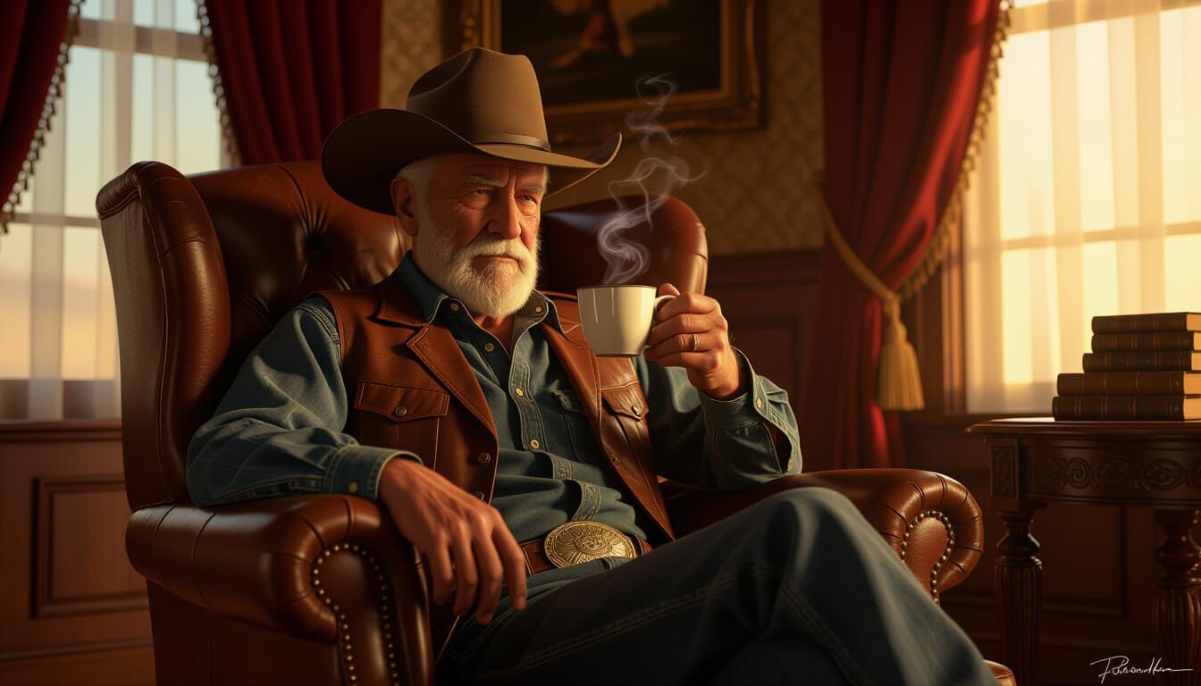 Elderly Cowboy's Golden Hour in Opulent Parlor