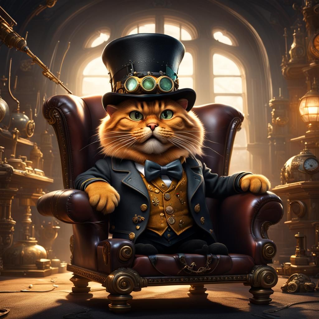 Steampunk Garfield in Leather Armchair, Digital Art