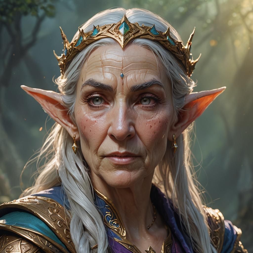 Elderly Elf Queen Mage in Hyperrealistic Splash Art