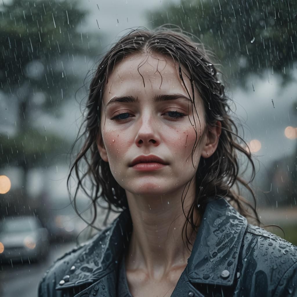 Melancholic Woman's Face in Rain, Cinematic Style