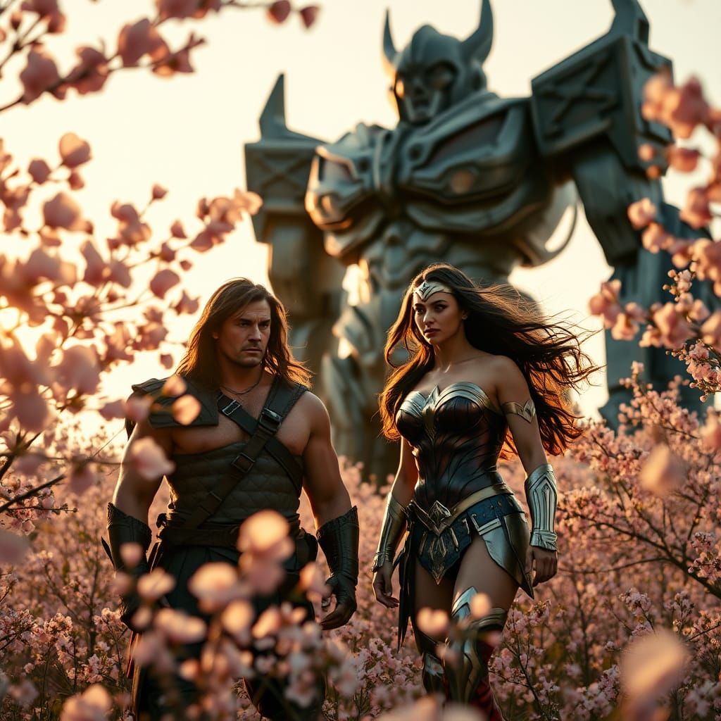 Conan and Wonder Woman in Cherry Blossom Field