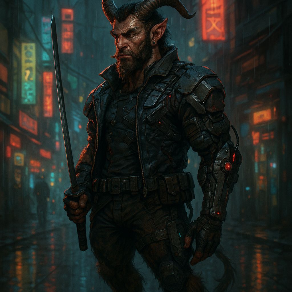 Shadowrun Satyr Street Samurai in Cyberpunk Style