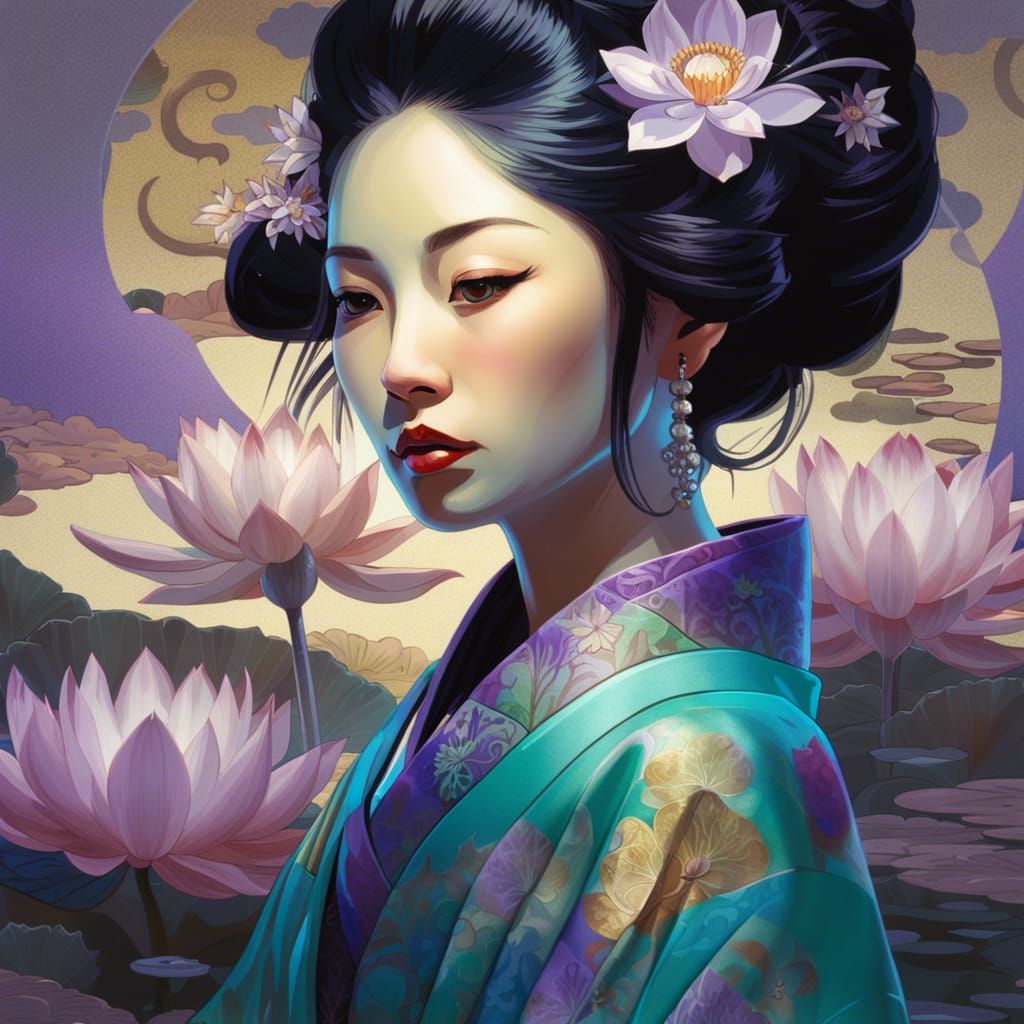 Geisha Mirrored Reflection in Art Nouveau Style