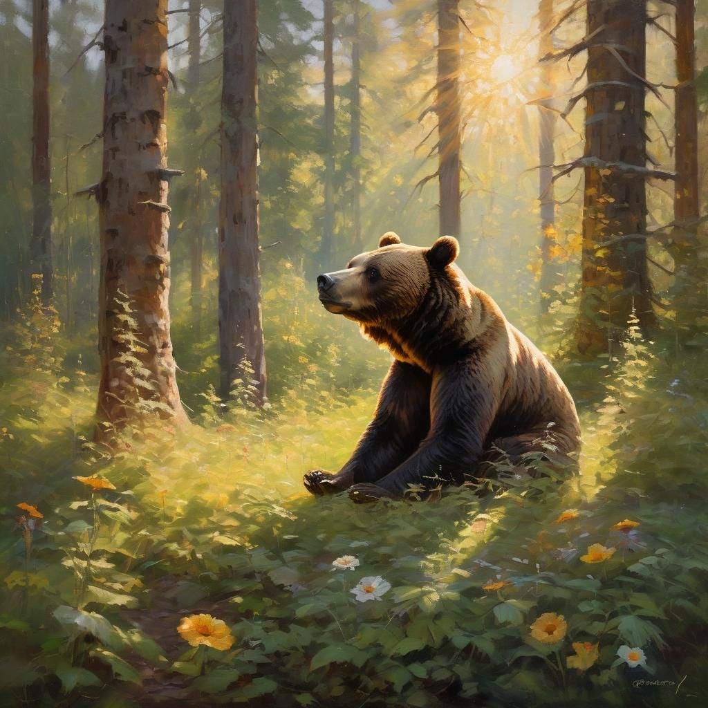 Bear in Yoga Pose: Impressionist Oil Painting